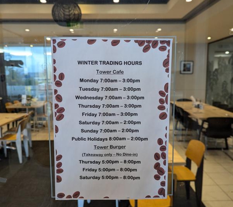 Tower Cafe - East Launceston, TAS. Sign at entrance with no kitchen closing times displayed.