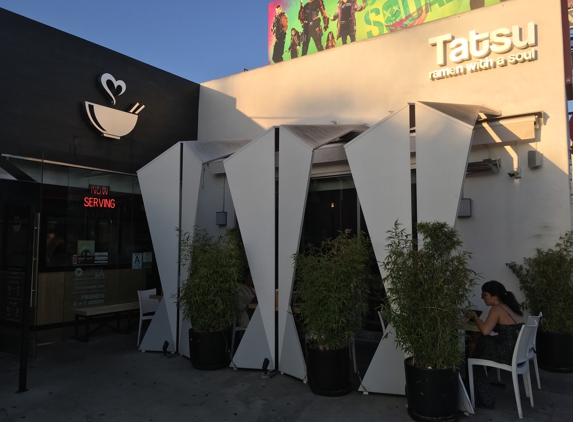 Tatsu Ramen - Los Angeles, CA. Tatsu façade, showing logo on left.