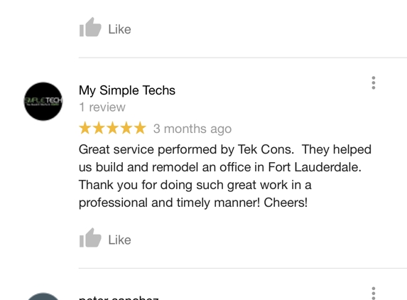 MY TEK CONS INC - Pompano Beach, FL. Owner Peter Sanchez leaving himsef a 5 star review on Google.