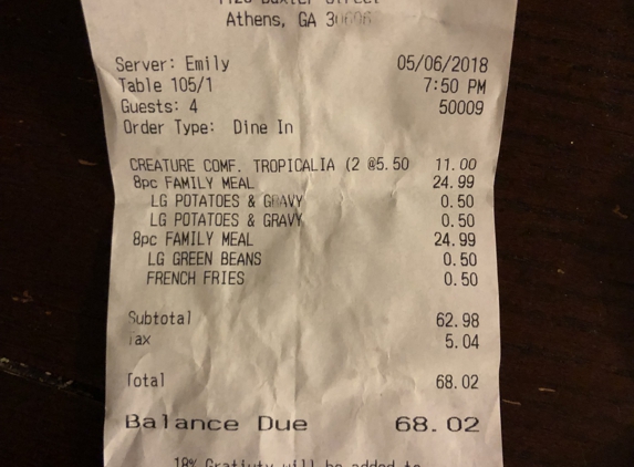 Champy's Chicken - Athens, GA. This was the first receipt they brought us. They said they were saving us money by ringing it in this way instead of individually charging.