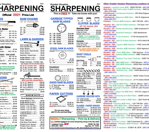 Langham Creek Ace Hardware - Cypress, TX. GreaterHoustonSharpening.com - See our 2021 pricing of over 100+ items for our WEEKLY sharpening services.  Keep a copy of this image.