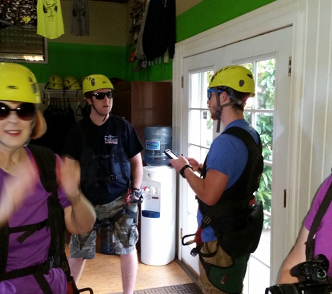 Flyin Hawaiian Zipline - Wailuku, HI. Suiting up before we head out. Best and longest sip lines in Maui.