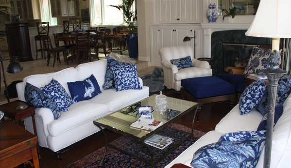 Artistic Upholstery - La Habra, CA. White Sofa Blue Pillows Artistic Upholstery