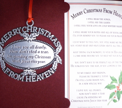 St Anne's Gift Shop Ltd - Orland Park, IL. Merry Christmas From Heaven Memorial Gifts