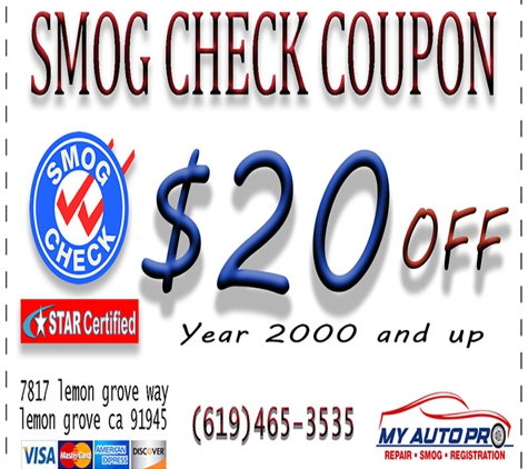 My Auto Pro - Lemon Grove, CA. smog check coupon