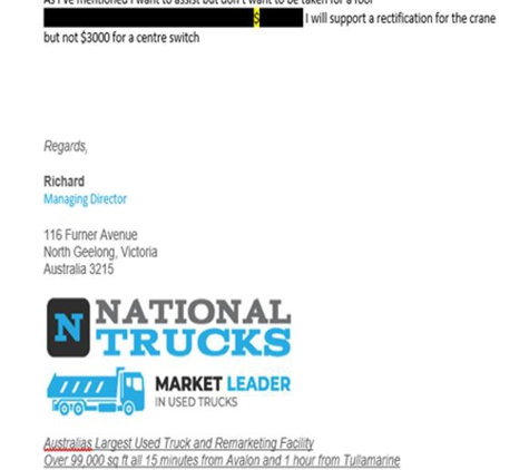 National Trucks - Bell Park, VIC. this is them stating they will rectify crane , and mentioning a centre switch that no one knows about!