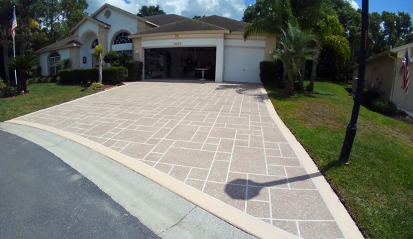 Ace Advanced Coating Experts - Weeki Wachee, FL. Modified Texture Coating for non skid finish. Kool White Base with Light Chocolate and Sandy Beach. Border: Sandy Beach. Random Block 