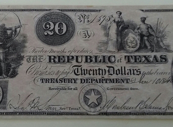 Global FX Capital Management - Houston, TX. 1840 Republic of Texas 20.00 bill. Mint condition. Signed by Lamar. My number... 832 966 3698