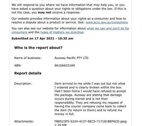 Ausway Pacific Pty Ltd - Springvale, VIC. ACCC report includes ABN number (needed to file report)