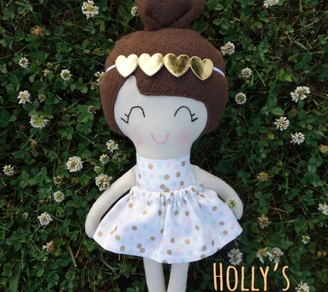 Holly's Dollies - Moorland, IA. Holly's Dollies - Girl cloth doll with gold headband, polka-dot dress, gold hearts headband, brown hair