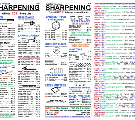 Plantation Hardware - Richmond, TX. GreaterHoustonSharpening.com - See our 2021 pricing of over 100+ items for our WEEKLY sharpening services.  Keep a copy of this image.