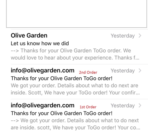 Olive Garden Italian Restaurant - Henderson, NV. WOULD NOT HONOR ONLINE ORDER