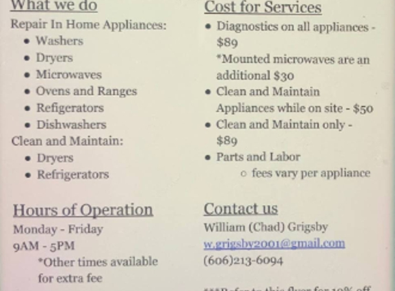 Grigsbys  In Home Appliance Repair - Pikeville, KY