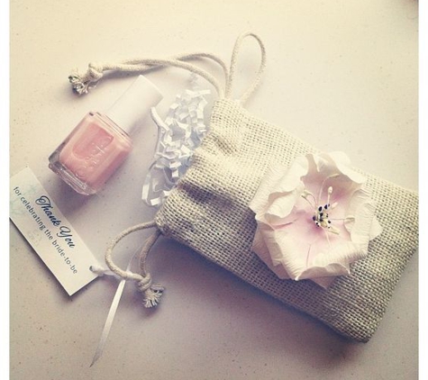 home celebrations | event stylist | hostess assistant | event planner - Linwood, NJ. Bridal Shower Favors. Essie Wedding Collection, Happily Ever After. Mini Burlap Bag with dainty paper flower.