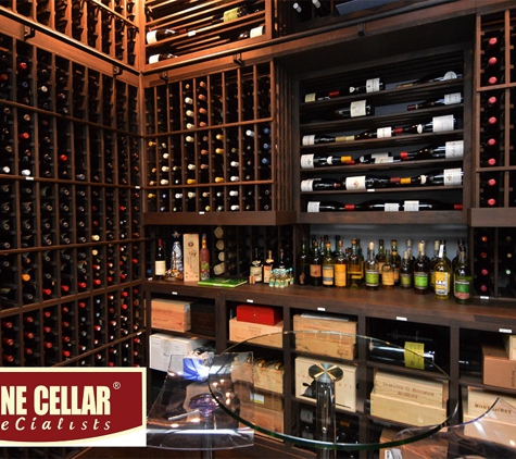 Wine Cellar Specialists - Dallas, TX. Corner View of Custom Wooden Wine Room with Counter Space and Clear Table