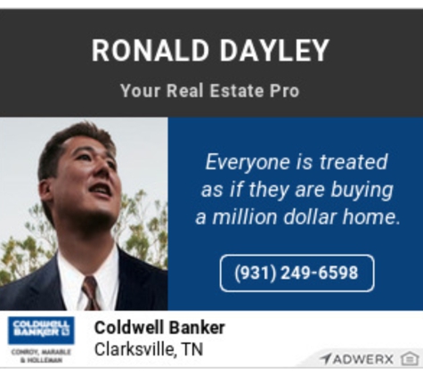 Ron Dayley Realtor – Coldwell Banker CM&H - Clarksville, TN. Ron Dayley Realtor – Coldwell Banker CM&H
111 S Riverside Dr
Clarksville, TN