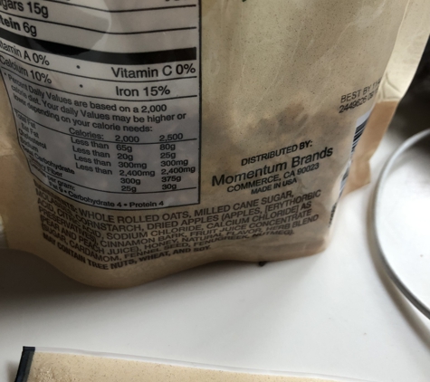 Momentum Brands - Commerce, CA. Found glass in my granola.