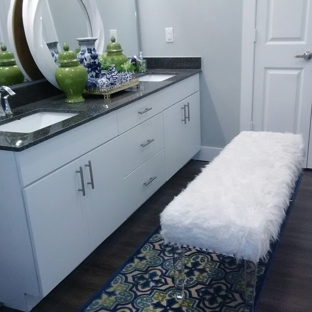 LRK Decor - The Colony, TX. Bathrooms are where you spend most of your time, so why wouldn't you want it to be both comfortable and beautiful. This faux fur bench is both functional and beautiful. And we added an extra mirror to give it that unexpected touch of glamour.