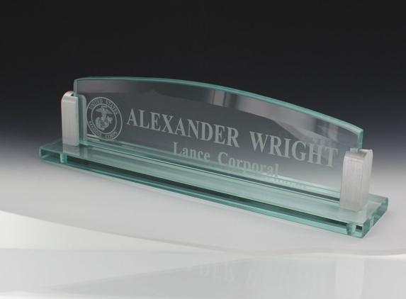 AWARDS AND GIFTS R US CORPORATION - Mount Vernon, NY. Glass Desk Block