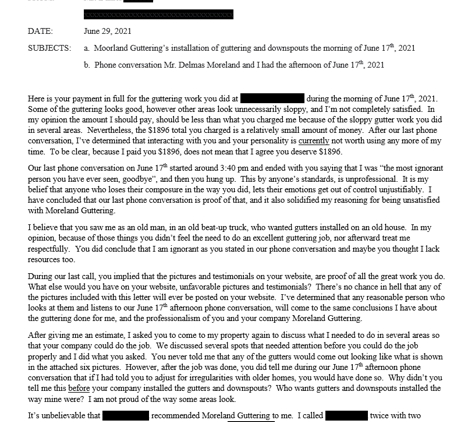 Morelands Guttering - Winchester, VA. First page of letter sent to Moreland's Guttering.  It provides even more reasons for my dissatisfaction.  Personal information redacted.