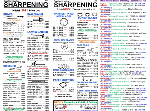 Greater Houston Sharpening @ ACE Hardware of Champions - Klein, TX. GreaterHoustonSharpening.com - See our 2021 pricing of over 100+ items for our WEEKLY sharpening services.  Keep a copy of this image.