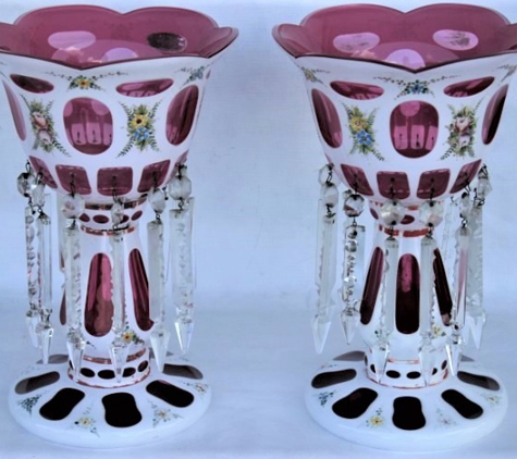 New England Antiques of Punta Gorda - Punta Gorda, FL. Cranberry cased glass Mantle Lusters. 
Previously sold.