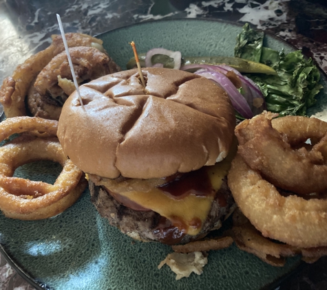 Rochester Mills Beer Co - Rochester, MI. Burger with onion rings