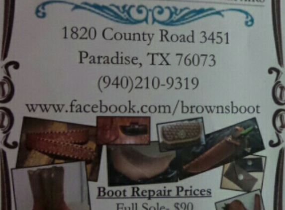 Brown's Custom Leather - Paradise, TX. Best prices around for boot repair! Come see us for all your leather needs.