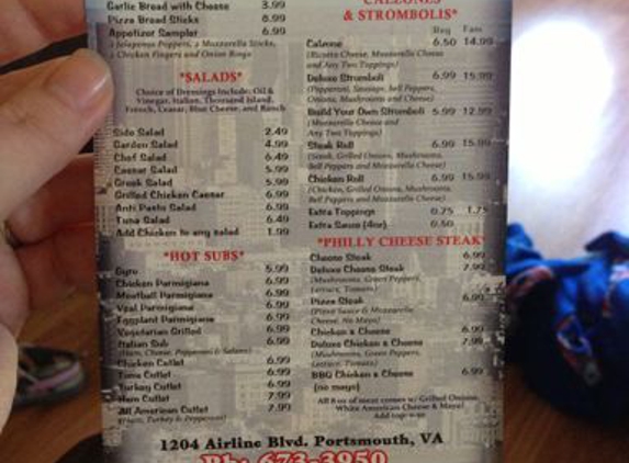 Sal's Ny Pizza - Portsmouth, VA. Back side of menu