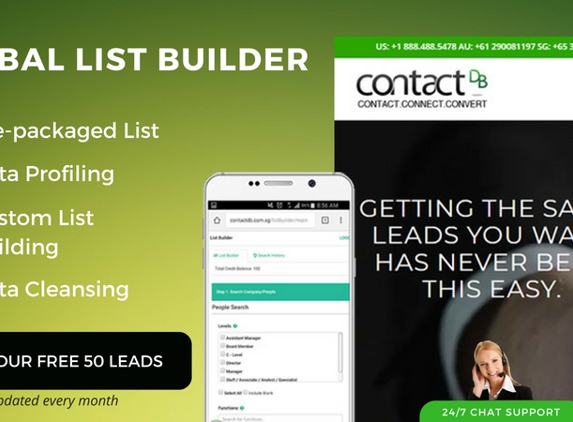 ContactDB - Encino, CA. Keep your marketing campaigns going, no matter the industry, no matter where you are, with pre-packaged and custom-built lists. Get 50 FREE