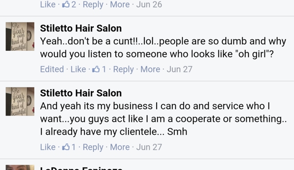 Stiletto Hair Salon - Pueblo, CO. Attacking others as well. I am not the only victim.