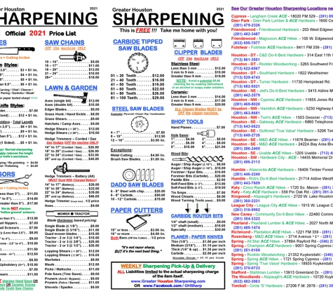 Spring True Value - Spring, TX. GreaterHoustonSharpening.com - See our 2021 pricing of over 100+ items for our WEEKLY sharpening services.  Keep a copy of this image.