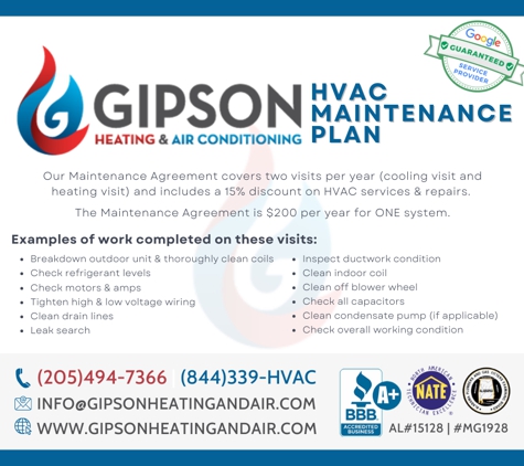 Gipson Heating & Air Conditioning - Trussville, AL. HVAC Maintenance Plan