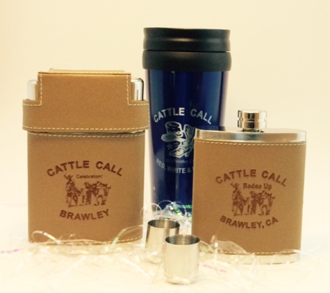 GP Awards & Promotions - Beebe, AR. Logo Engraved Leatherette Flasks, Laser Engraved Blue Travel Mug