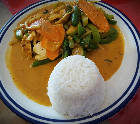 Taste of Thai - Norcross, GA. Red Curry Chicken (Kaeng Phet) with steamed white rice.