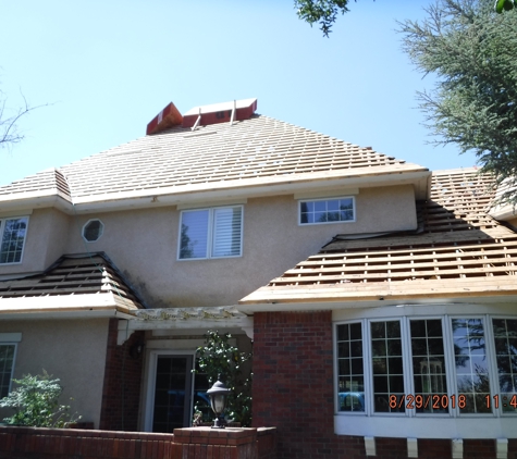 Sierra Roofing and Solar - Dublin, CA. Steep pitch (12 and 12) roof tear off and being prepped for plywood.