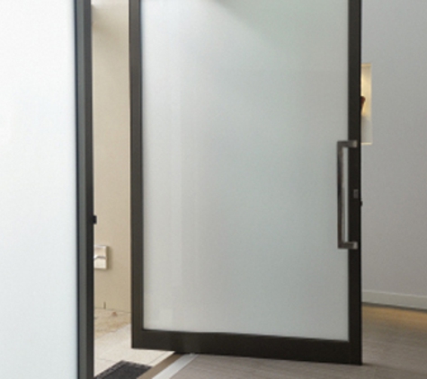 Bradnam's Windows & Doors - Ashmore, QLD. Black Aluminium Pivot Door With Obscure Glass