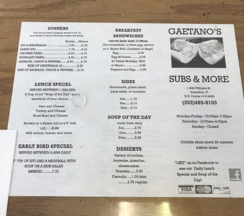 Gaetano's Subs - Dunnellon, FL. Current menu of June 7th 2018