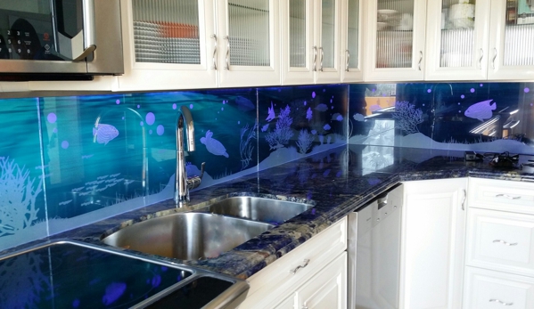 Etched Glass by Able - Pompano Beach, FL. Etched Glass Edge Lit Backsplash