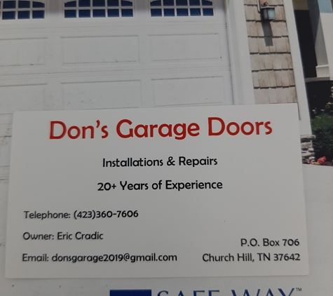 Don's Garage Doors - Church Hill, TN. License 2003424 and Insured Residential and Commercial
