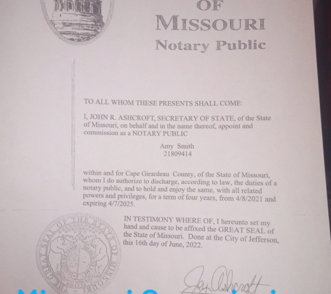 Anytime Notary on Demand - Cape Girardeau, MO. Missouri Commission letter