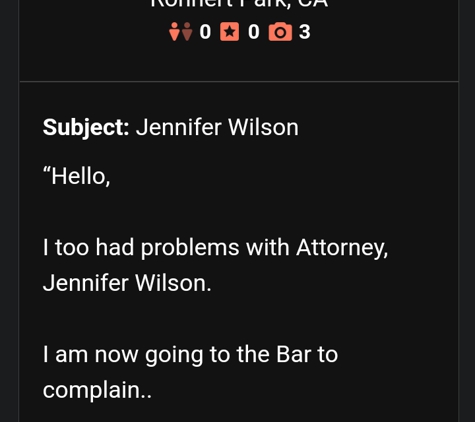 Jennifer Wilson-Tancreto, Attorney at Law - Ukiah, CA. Jennifer pretended to be pangd just so she could flip me off after legally kidnapping my kids