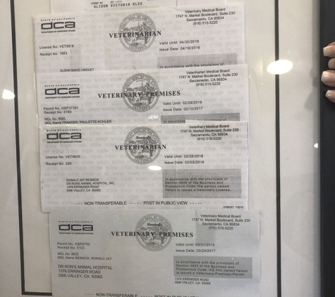 Dr Ron's Animal Hospital - Simi Valley, CA. Expired licenses hung on the wall. 3/5 are expired!!!! This is hidden, so clients wouldn’t know because they can’t see it!