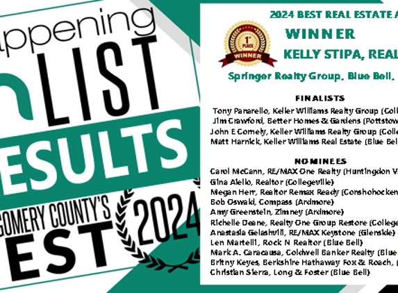 Kelly Stipa, REALTOR® Philadelphia Tri-County - Norristown, PA. Montgomery County Happening List 2024 Real Estate Agent Winners