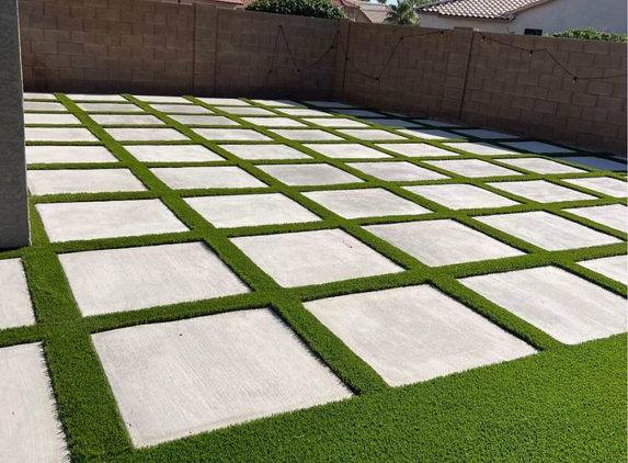 Dade Decorative Concrete - Miami, FL. concrete squares with artificial grass strips. A popular modern option for patios, pool decks, and even driveways.
