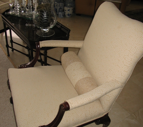 London Stitchery - Wilton Manors, FL. Fireside Chair with lumber support bolster.