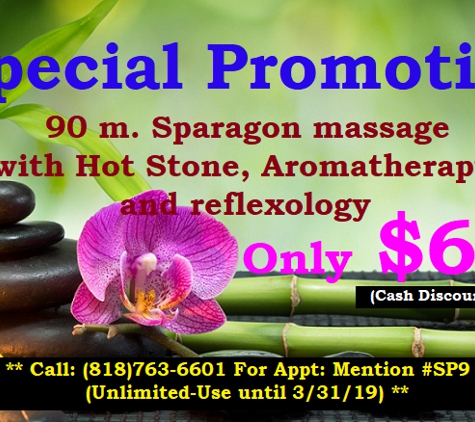 Sparagon Massage & Body Care - Studio City, CA. Special Promotion for March, 2019. Don't let it pass by, call us at 818.763.6601 or book online at www.sparagon.com/Appt