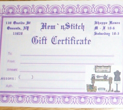 Hem`nStitch - Oneonta, NY. Gift Certificates available for Lesson sessions