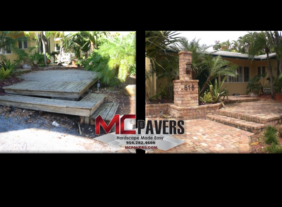 M & C Pavers Inc - Pompano Beach, FL. Before and after front door area with real old Chicago clay pavers.