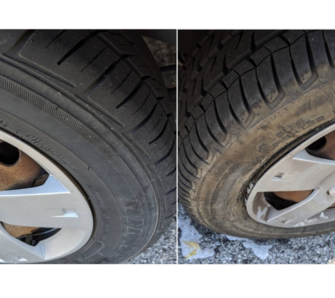 Firestone Complete Auto Care - Overland Park, KS. "New" tires on right. Shop doesn't understand the issue.